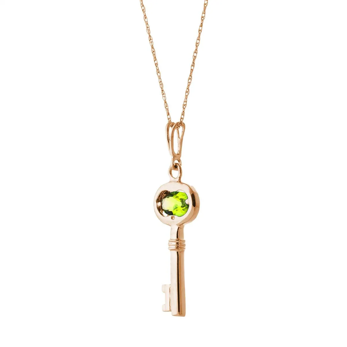 14K Solid Rose Gold Key Charm Necklace w/ Peridot