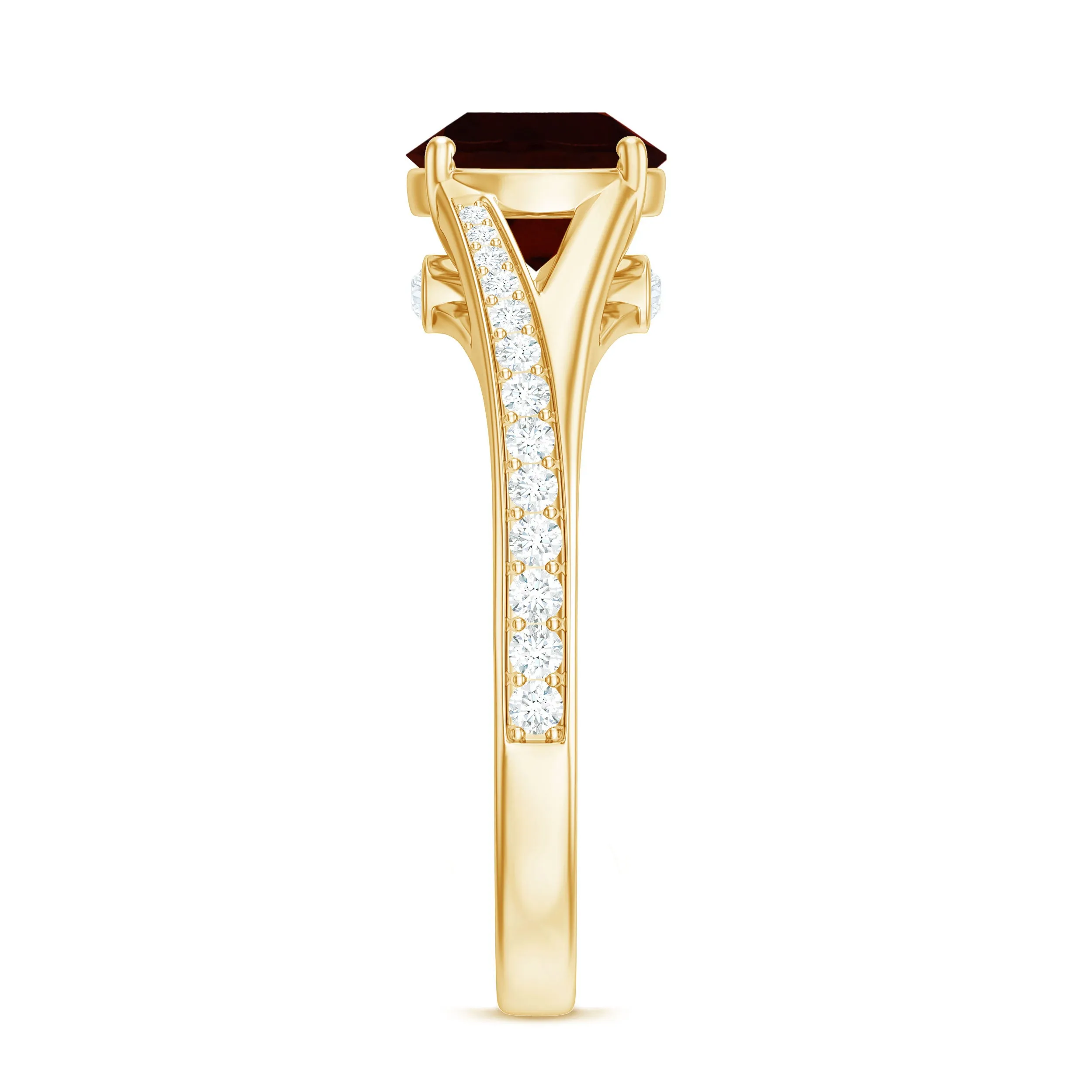 Split Shank Garnet Solitaire Engagement Ring with Diamond